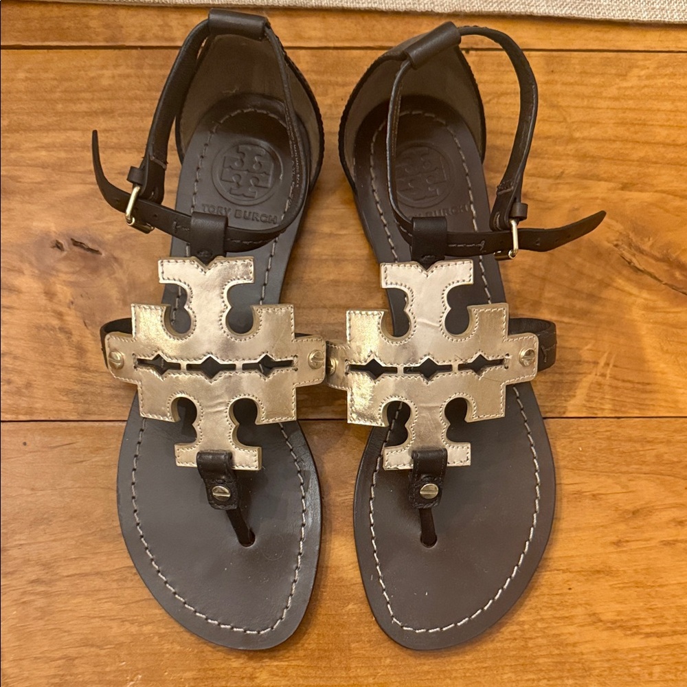 Tory Burch Black and Gold Thong Sandals